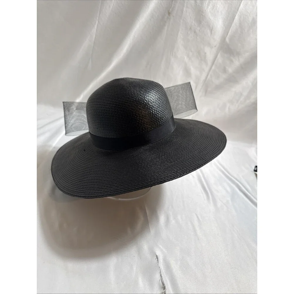 Women's ROC Black Church Hat with Bow Size 6 1/2 Wide Brim